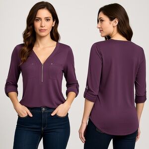 FORTUNE + IVY🍇 Women’s Zip-Front V-Neck Blouse 👠💜 Size S – Style #1733M6D